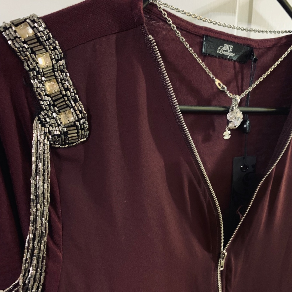 BKE Burgandy Military Embellished Zip Front Top